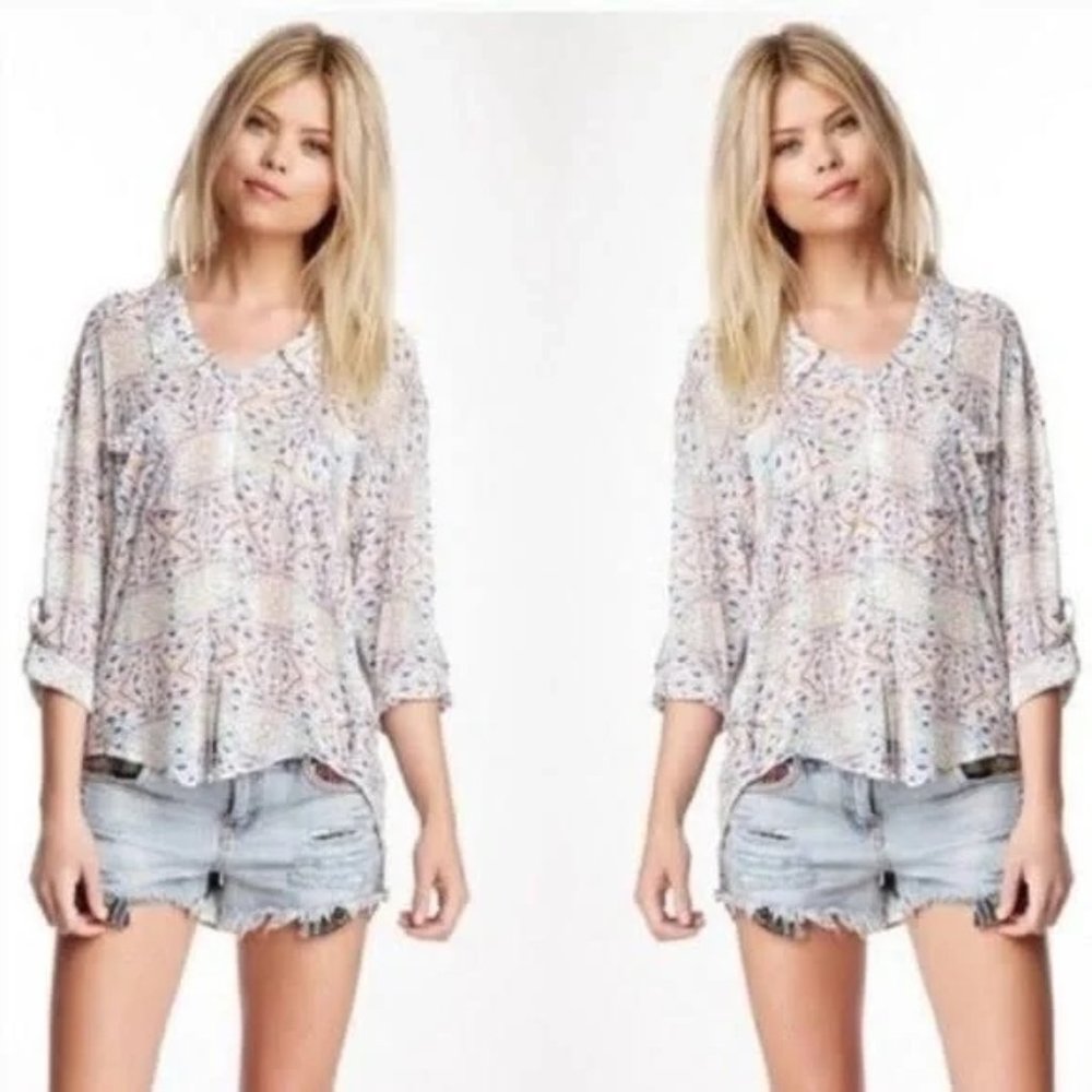 Free People Easy Rider Sheer Geometric Button Up Top … - Gem